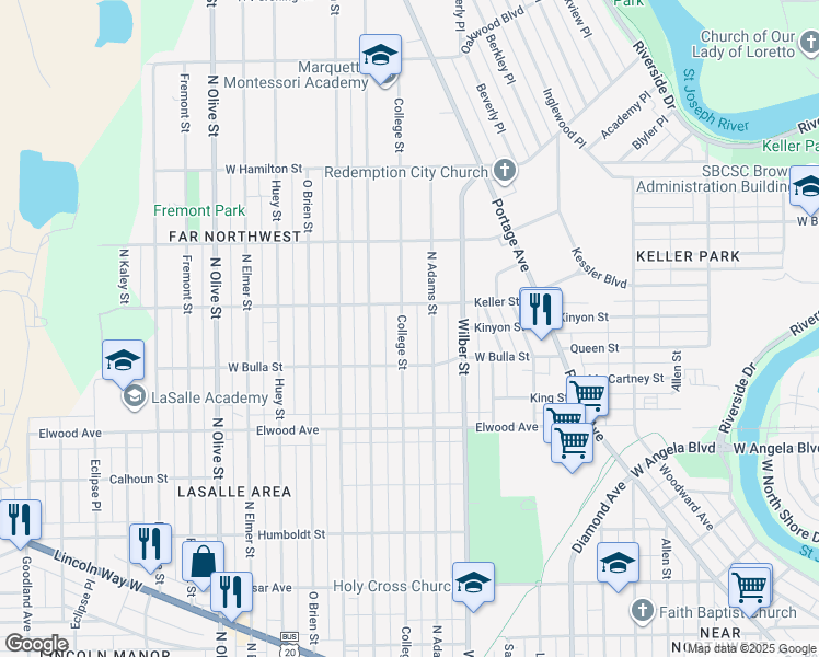 map of restaurants, bars, coffee shops, grocery stores, and more near 1638 College Street in South Bend