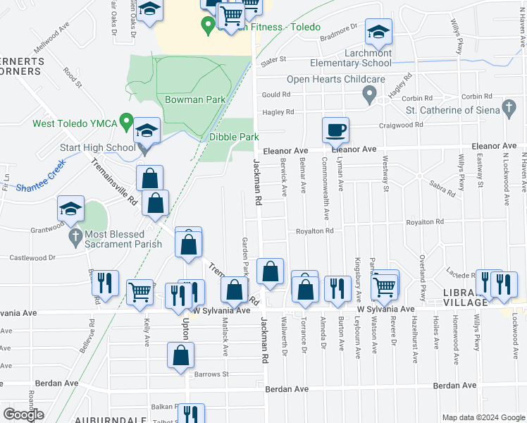 map of restaurants, bars, coffee shops, grocery stores, and more near 4310 Jackman Road in Toledo