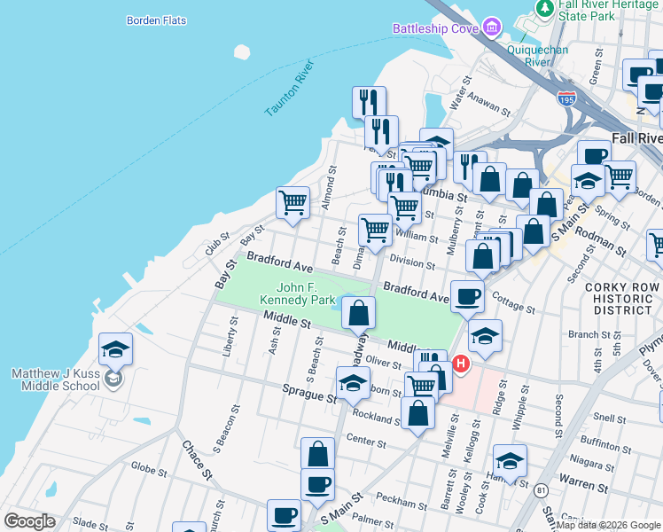 map of restaurants, bars, coffee shops, grocery stores, and more near 209 Beach Street in Fall River