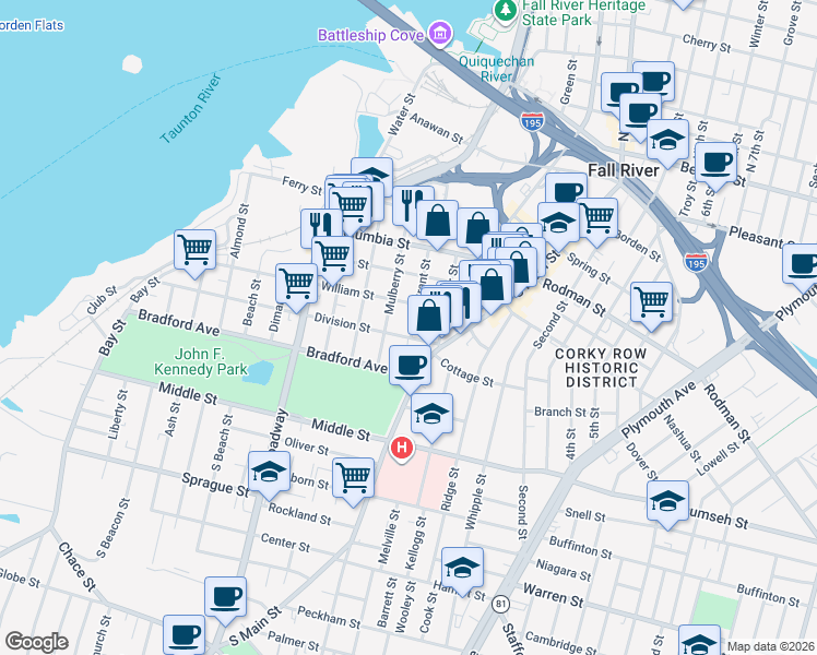 map of restaurants, bars, coffee shops, grocery stores, and more near 140 Grant Street in Fall River