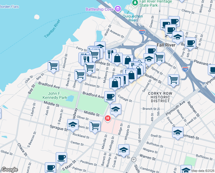 map of restaurants, bars, coffee shops, grocery stores, and more near 306 Mulberry Street in Fall River