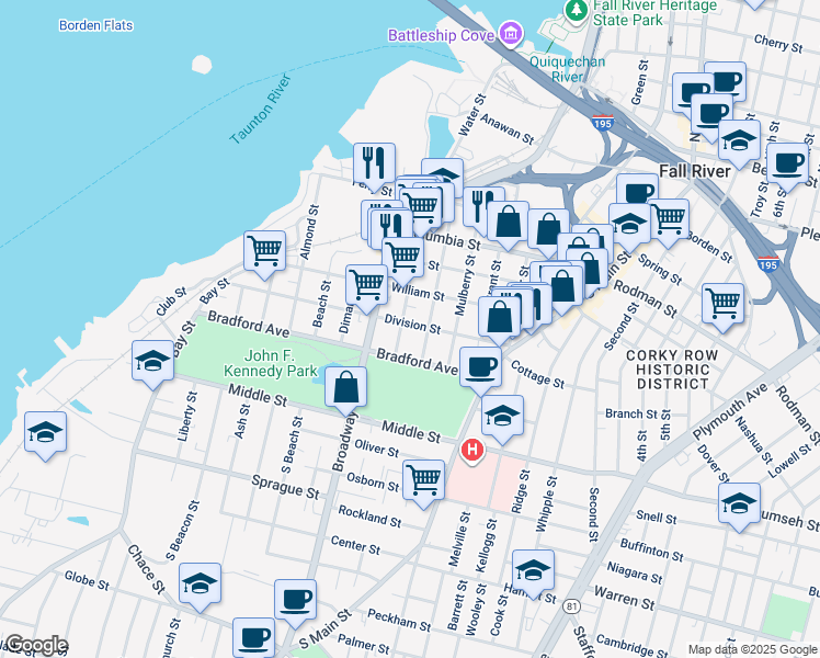 map of restaurants, bars, coffee shops, grocery stores, and more near 424 Division Street in Fall River