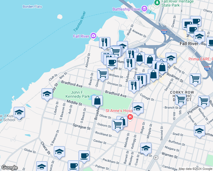 map of restaurants, bars, coffee shops, grocery stores, and more near 288 Broadway in Fall River