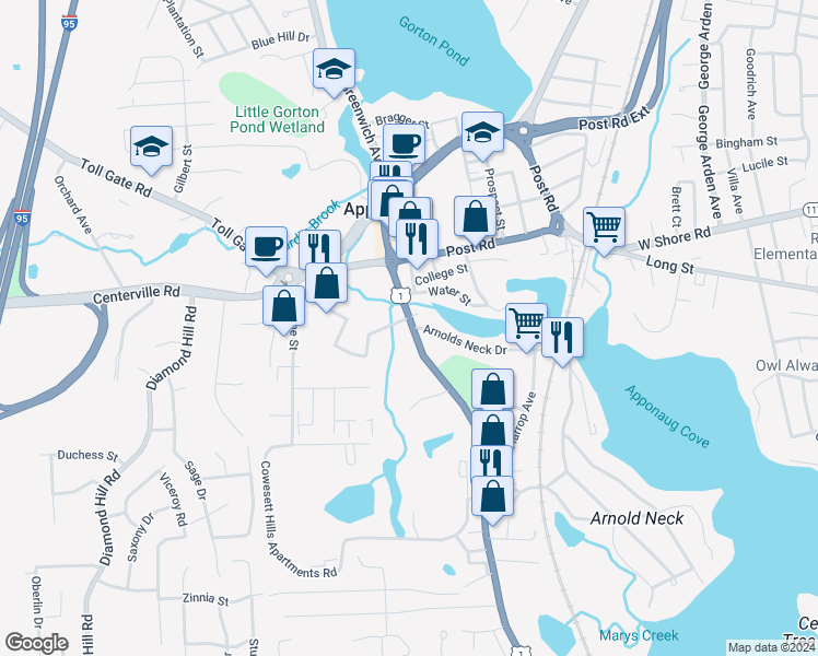 map of restaurants, bars, coffee shops, grocery stores, and more near 3377 Post Road in Warwick