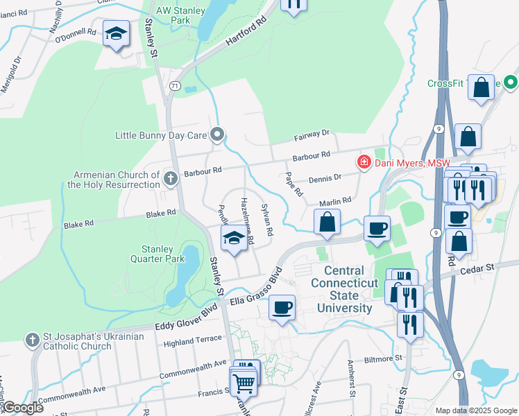 map of restaurants, bars, coffee shops, grocery stores, and more near 121 Hazelmere Road in New Britain
