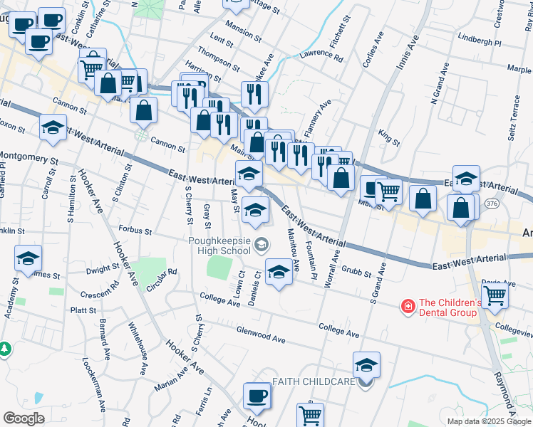 map of restaurants, bars, coffee shops, grocery stores, and more near 12 Quaker Lane in Poughkeepsie