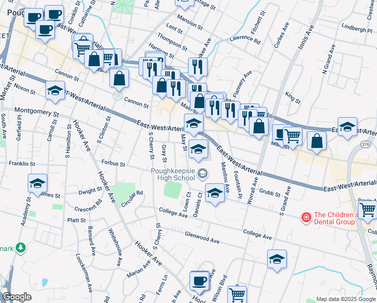 map of restaurants, bars, coffee shops, grocery stores, and more near 19 May Street in Poughkeepsie