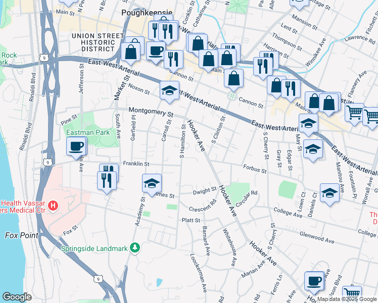 map of restaurants, bars, coffee shops, grocery stores, and more near 33 Hooker Avenue in Poughkeepsie