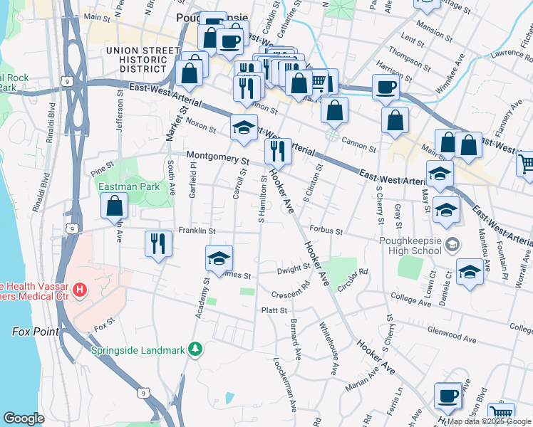 map of restaurants, bars, coffee shops, grocery stores, and more near 33 Hooker Avenue in Poughkeepsie