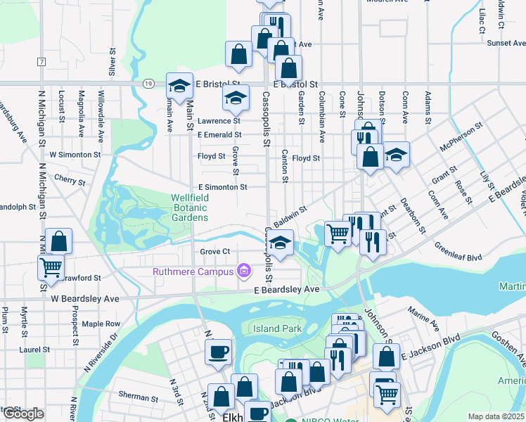 map of restaurants, bars, coffee shops, grocery stores, and more near 1109 Cassopolis Street in Elkhart