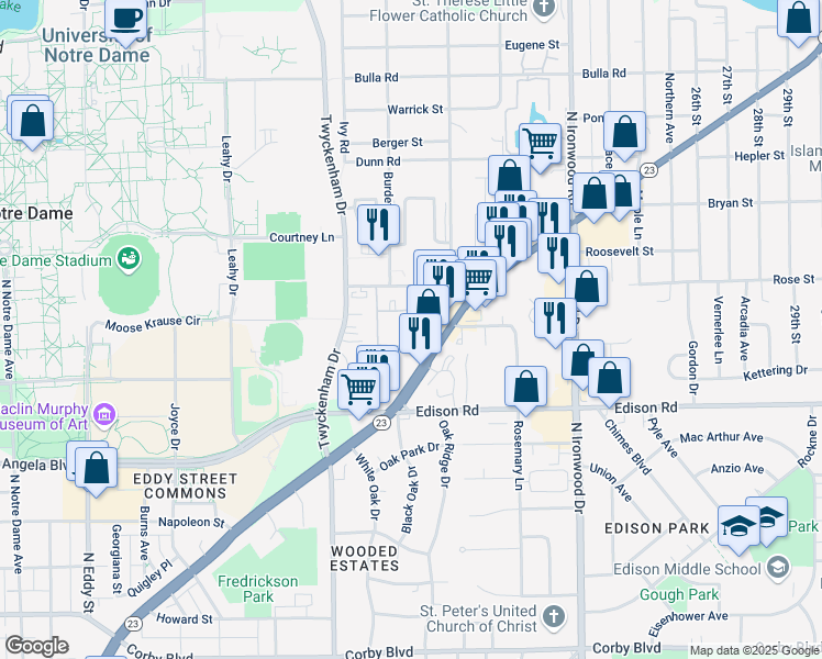 map of restaurants, bars, coffee shops, grocery stores, and more near 1660 Turtle Creek West Drive in South Bend