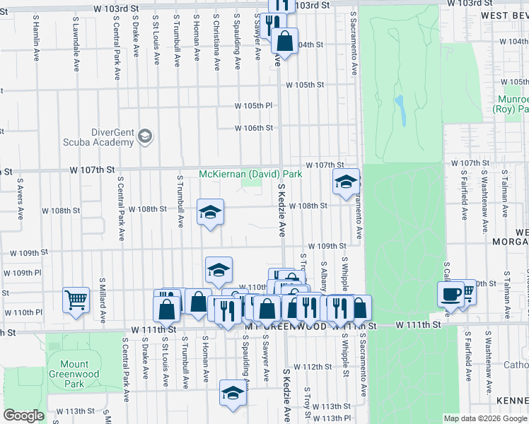 map of restaurants, bars, coffee shops, grocery stores, and more near 3227 West 108th Street in Chicago