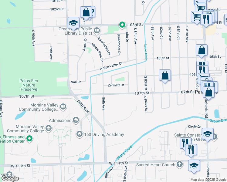 map of restaurants, bars, coffee shops, grocery stores, and more near 8507 Zermatt Drive in Palos Hills