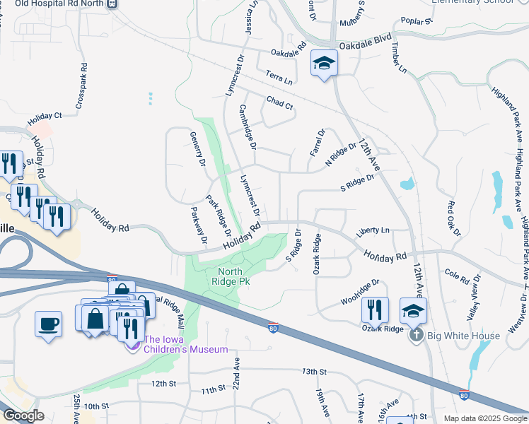map of restaurants, bars, coffee shops, grocery stores, and more near 2020 Waterford Drive in Coralville