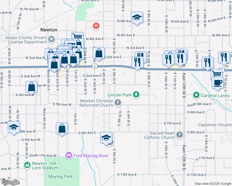 map of restaurants, bars, coffee shops, grocery stores, and more near 316 East 5th Street South in Newton