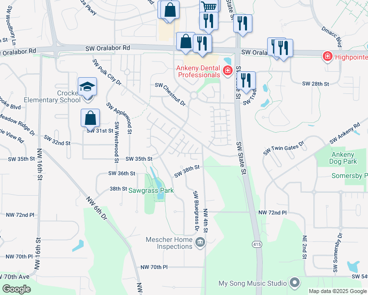 map of restaurants, bars, coffee shops, grocery stores, and more near 3128 Southwest Butternut Court in Ankeny