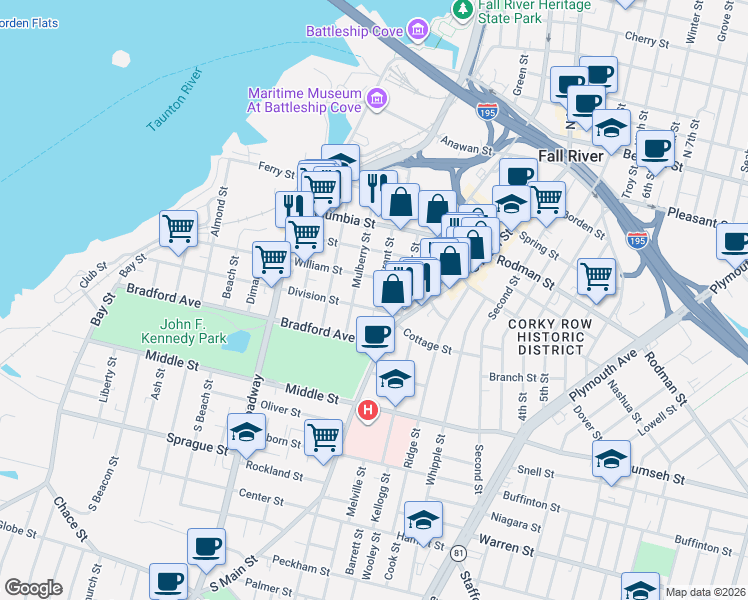 map of restaurants, bars, coffee shops, grocery stores, and more near 165 Grant Street in Fall River