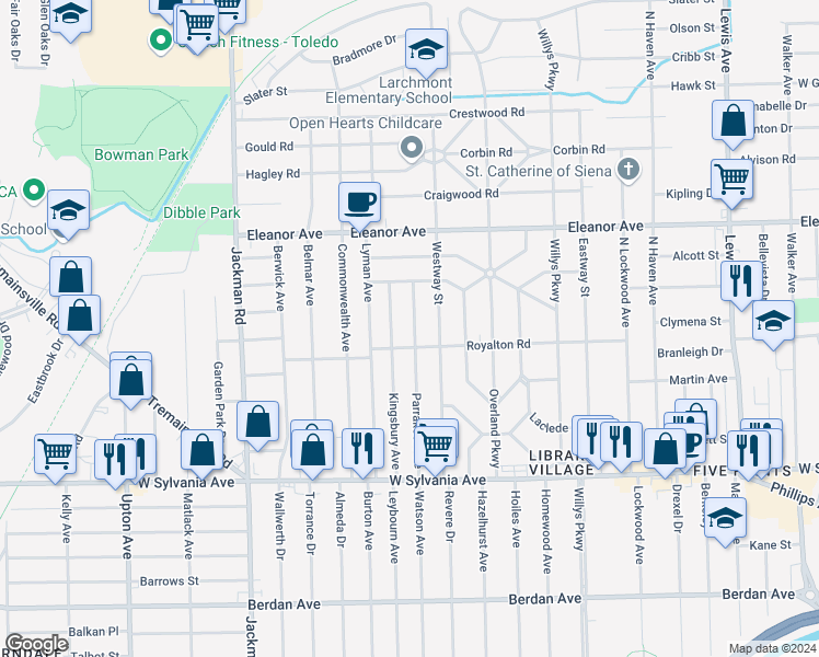 map of restaurants, bars, coffee shops, grocery stores, and more near 4319 Parrakeet Avenue in Toledo