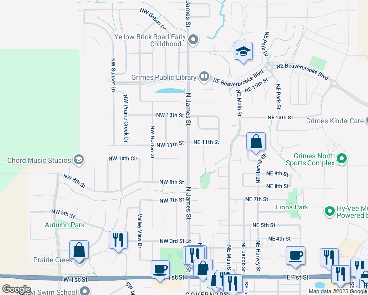 map of restaurants, bars, coffee shops, grocery stores, and more near 100 Northwest 11th Street in Grimes