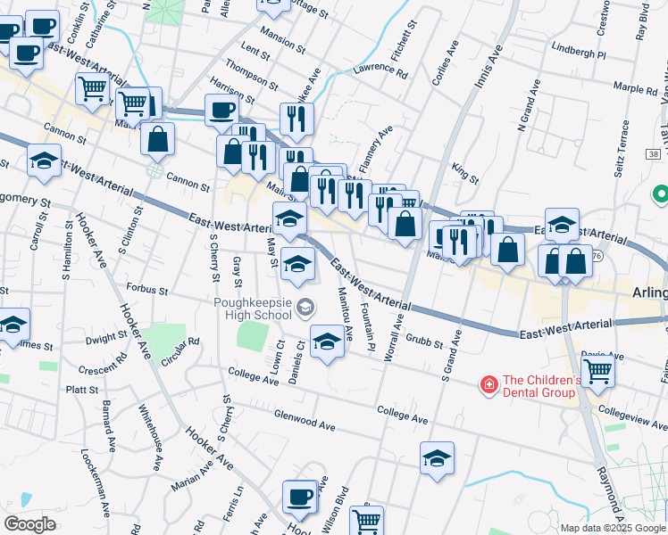 map of restaurants, bars, coffee shops, grocery stores, and more near 18 Manitou Avenue in Poughkeepsie