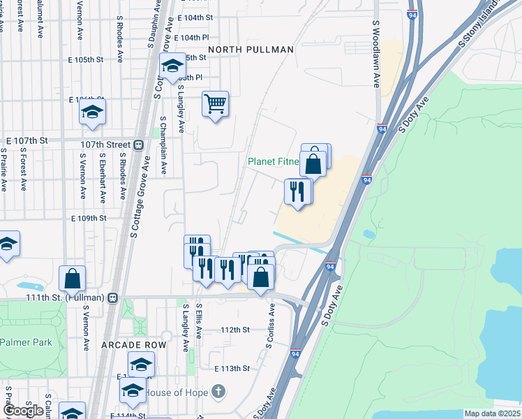 map of restaurants, bars, coffee shops, grocery stores, and more near 720 East 111th Street in Chicago