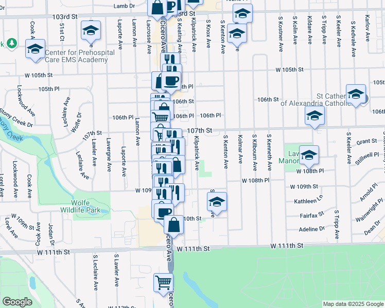 map of restaurants, bars, coffee shops, grocery stores, and more near 10732 Kilpatrick Avenue in Oak Lawn
