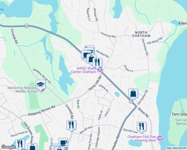 map of restaurants, bars, coffee shops, grocery stores, and more near 163 Enterprise Drive in Chatham