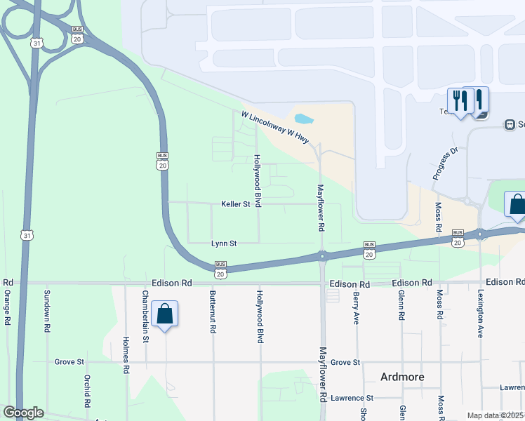 map of restaurants, bars, coffee shops, grocery stores, and more near 23700-23838 Keller Street in South Bend