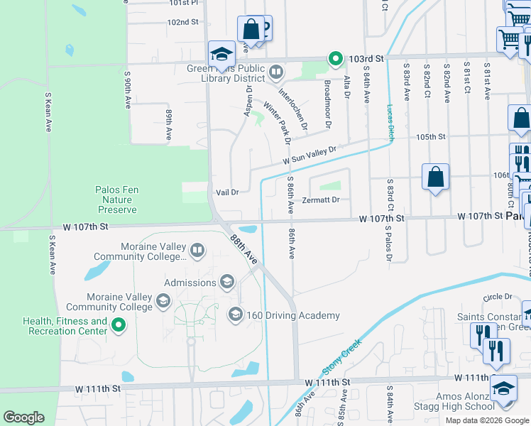 map of restaurants, bars, coffee shops, grocery stores, and more near 10675 Granada Court in Palos Hills