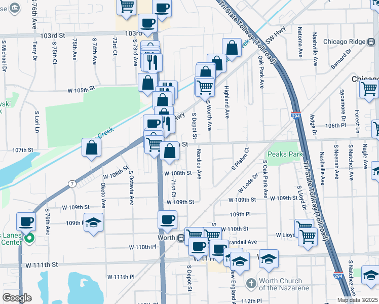 map of restaurants, bars, coffee shops, grocery stores, and more near 10707 South Depot Street in Worth