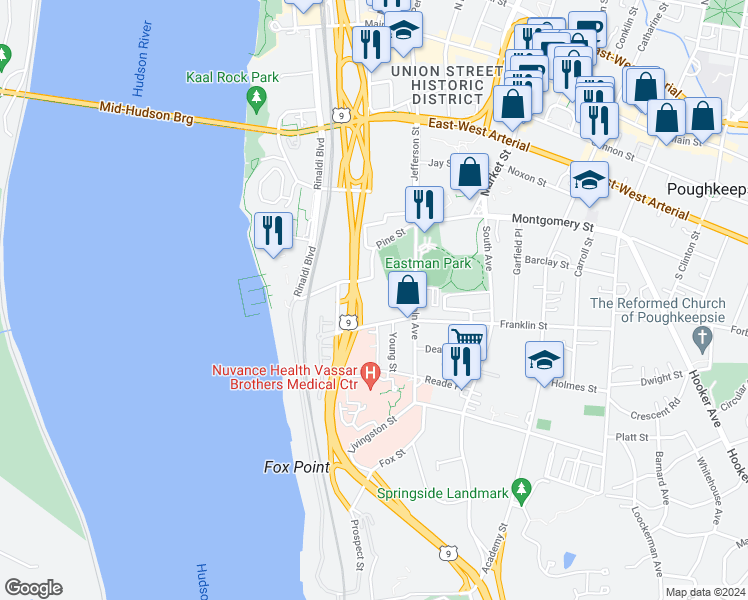 map of restaurants, bars, coffee shops, grocery stores, and more near 30 Columbia Street in Poughkeepsie