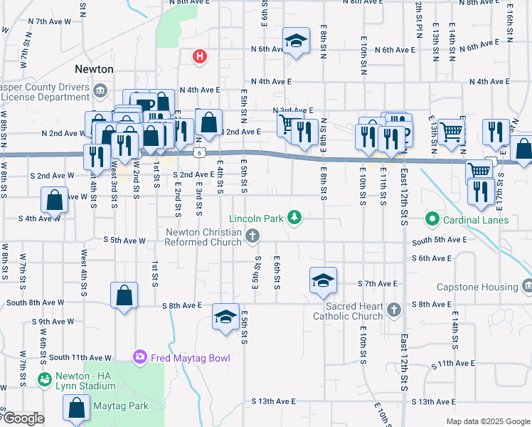 map of restaurants, bars, coffee shops, grocery stores, and more near 524 South 4th Avenue East in Newton