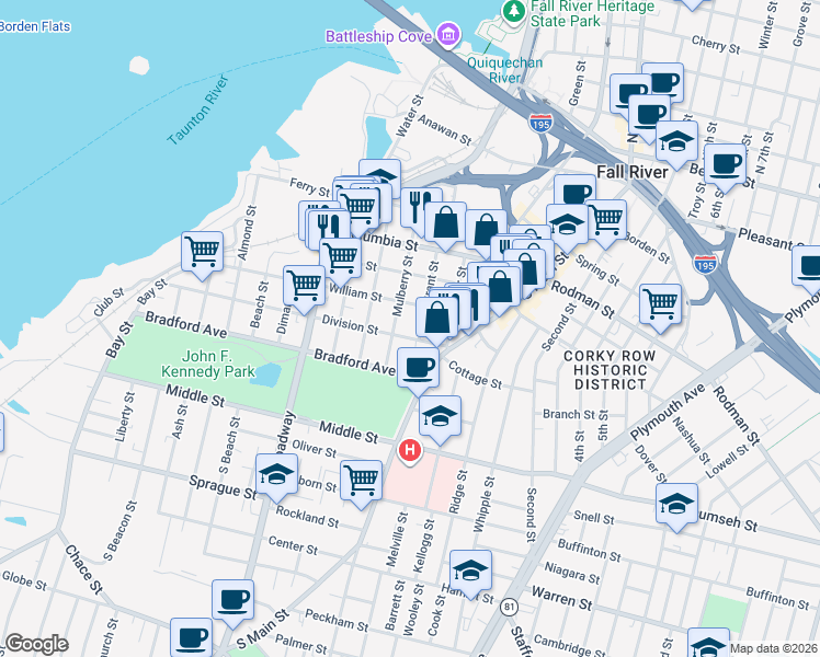map of restaurants, bars, coffee shops, grocery stores, and more near 306 Mulberry Street in Fall River