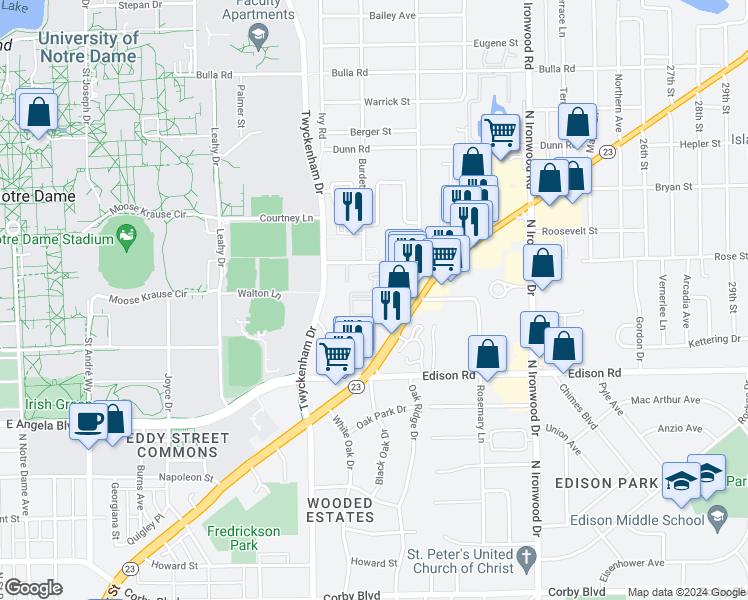 map of restaurants, bars, coffee shops, grocery stores, and more near 1660 Turtle Creek West Drive in South Bend