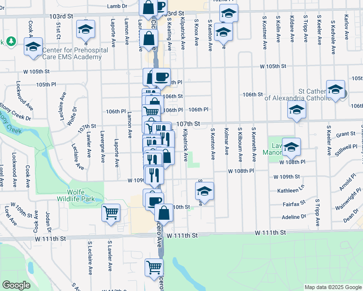 map of restaurants, bars, coffee shops, grocery stores, and more near 10732 Kilpatrick Avenue in Oak Lawn