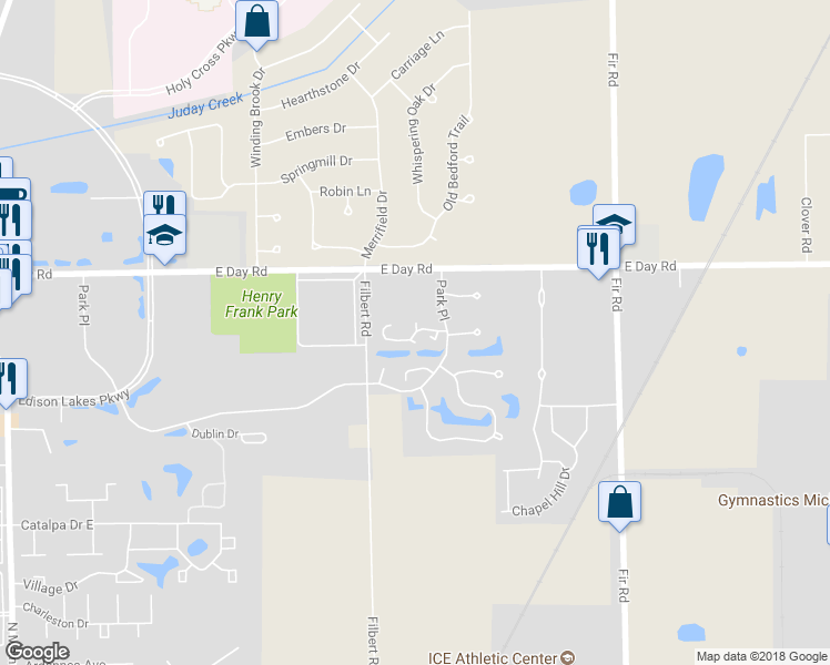 map of restaurants, bars, coffee shops, grocery stores, and more near 1413 Bridge Water Way in Mishawaka