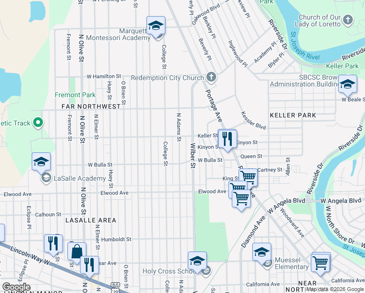 map of restaurants, bars, coffee shops, grocery stores, and more near 1641 North Adams Street in South Bend