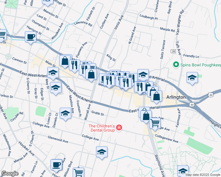 map of restaurants, bars, coffee shops, grocery stores, and more near 730 A Main Street in Poughkeepsie