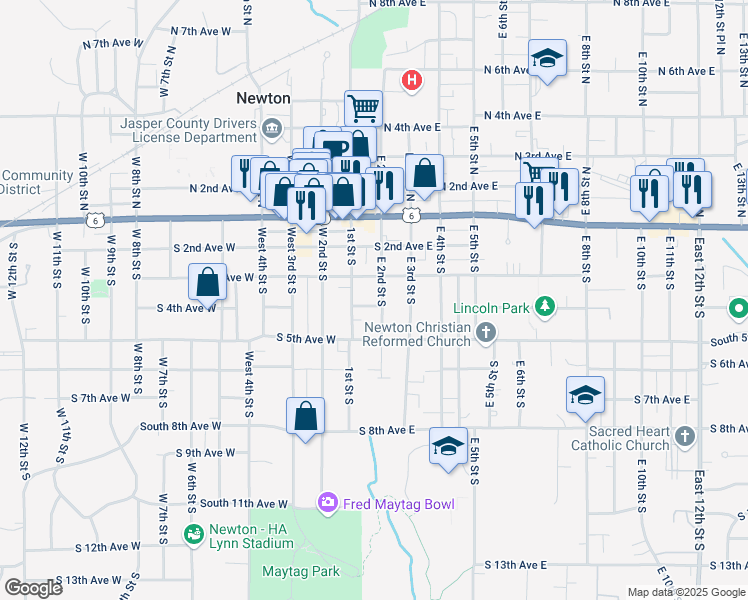 map of restaurants, bars, coffee shops, grocery stores, and more near 325 East 2nd Street South in Newton