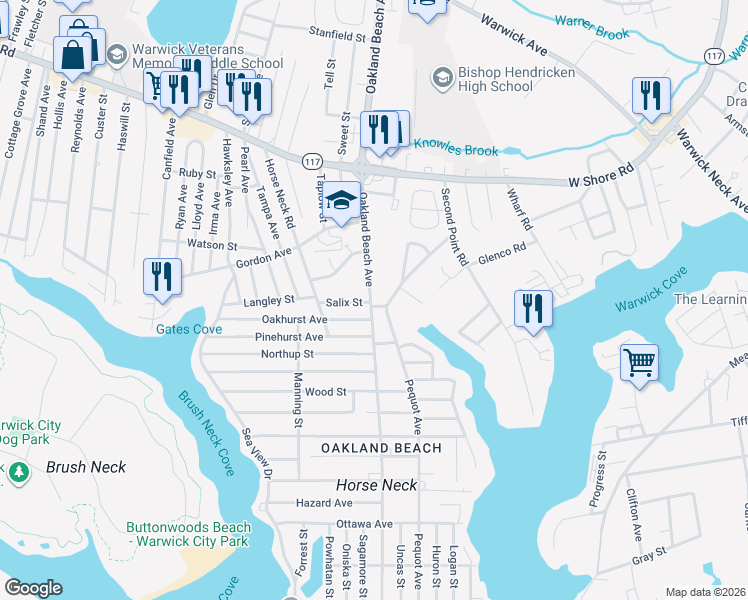 map of restaurants, bars, coffee shops, grocery stores, and more near 450 Oakland Beach Avenue in Warwick