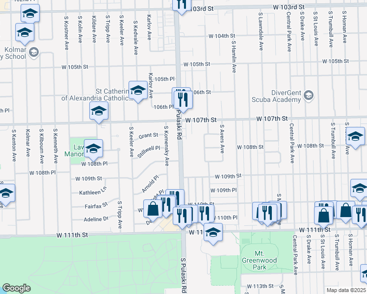 map of restaurants, bars, coffee shops, grocery stores, and more near 10769 South Pulaski Road in Chicago