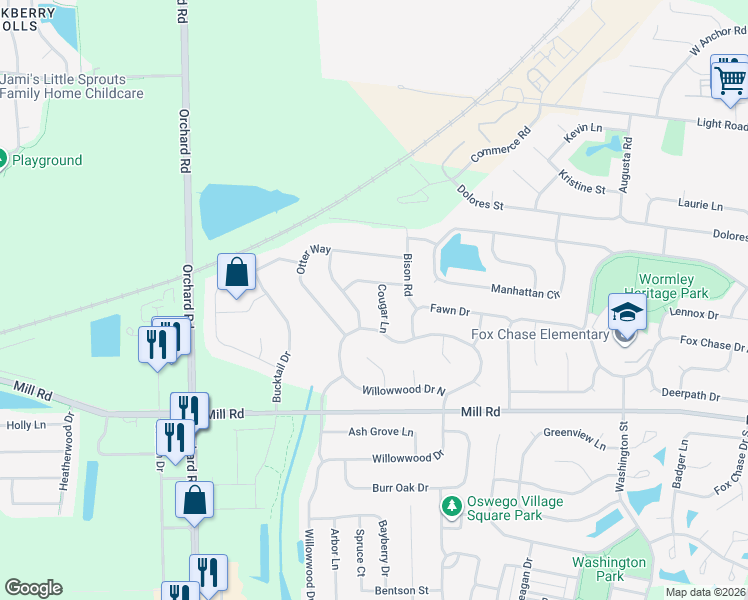 map of restaurants, bars, coffee shops, grocery stores, and more near 803 Cougar Lane in Oswego
