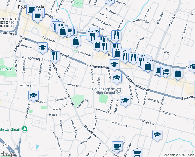 map of restaurants, bars, coffee shops, grocery stores, and more near 4 Gray Street in Poughkeepsie