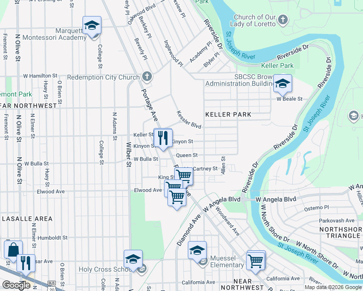 map of restaurants, bars, coffee shops, grocery stores, and more near 1250 Kinyon Street in South Bend
