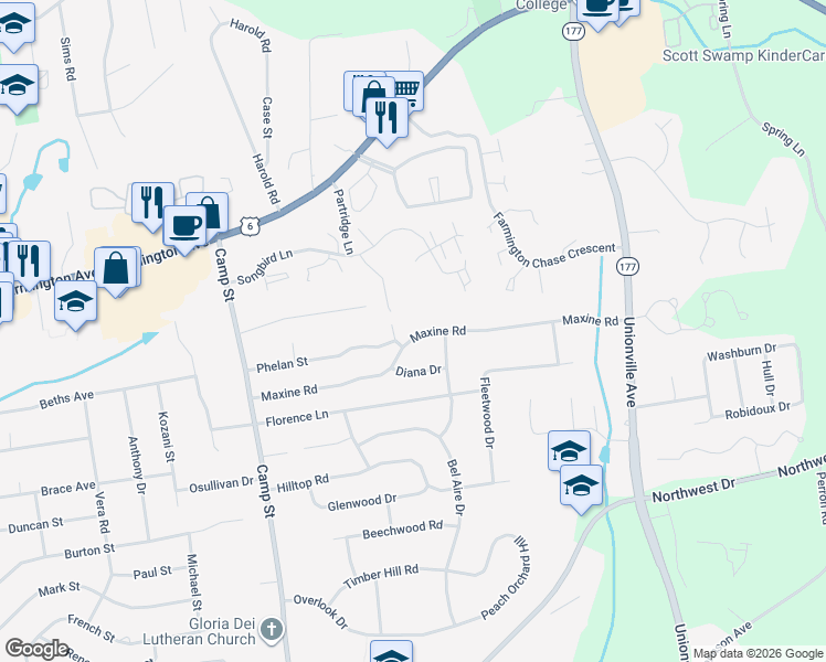 map of restaurants, bars, coffee shops, grocery stores, and more near 35 Maxine Road in Plainville