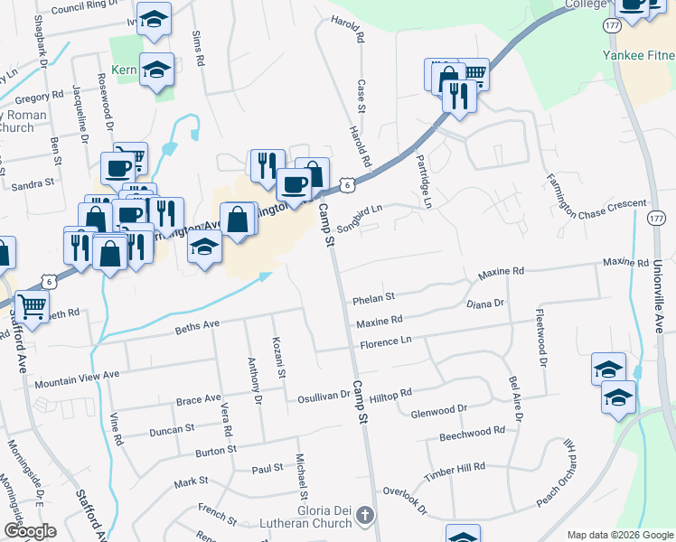 map of restaurants, bars, coffee shops, grocery stores, and more near 1 Junior Road in Farmington