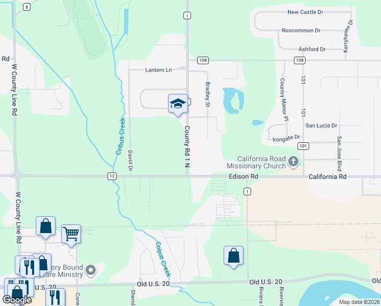 map of restaurants, bars, coffee shops, grocery stores, and more near 54864 County Road 1 in Elkhart