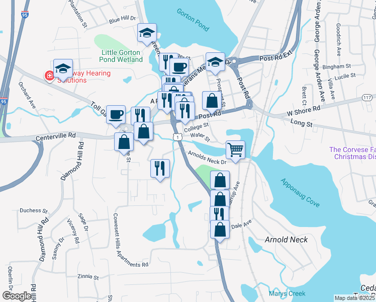 map of restaurants, bars, coffee shops, grocery stores, and more near 475 Arnolds Neck Drive in Warwick