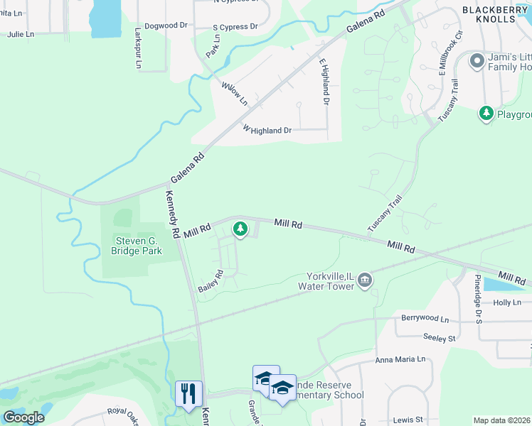 map of restaurants, bars, coffee shops, grocery stores, and more near 2311 Mill Road in Yorkville