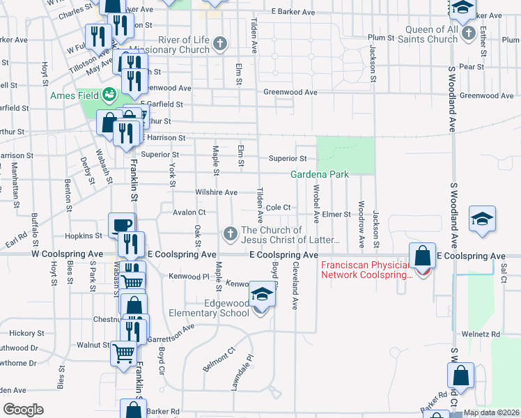 map of restaurants, bars, coffee shops, grocery stores, and more near 500 Cole Court in Michigan City